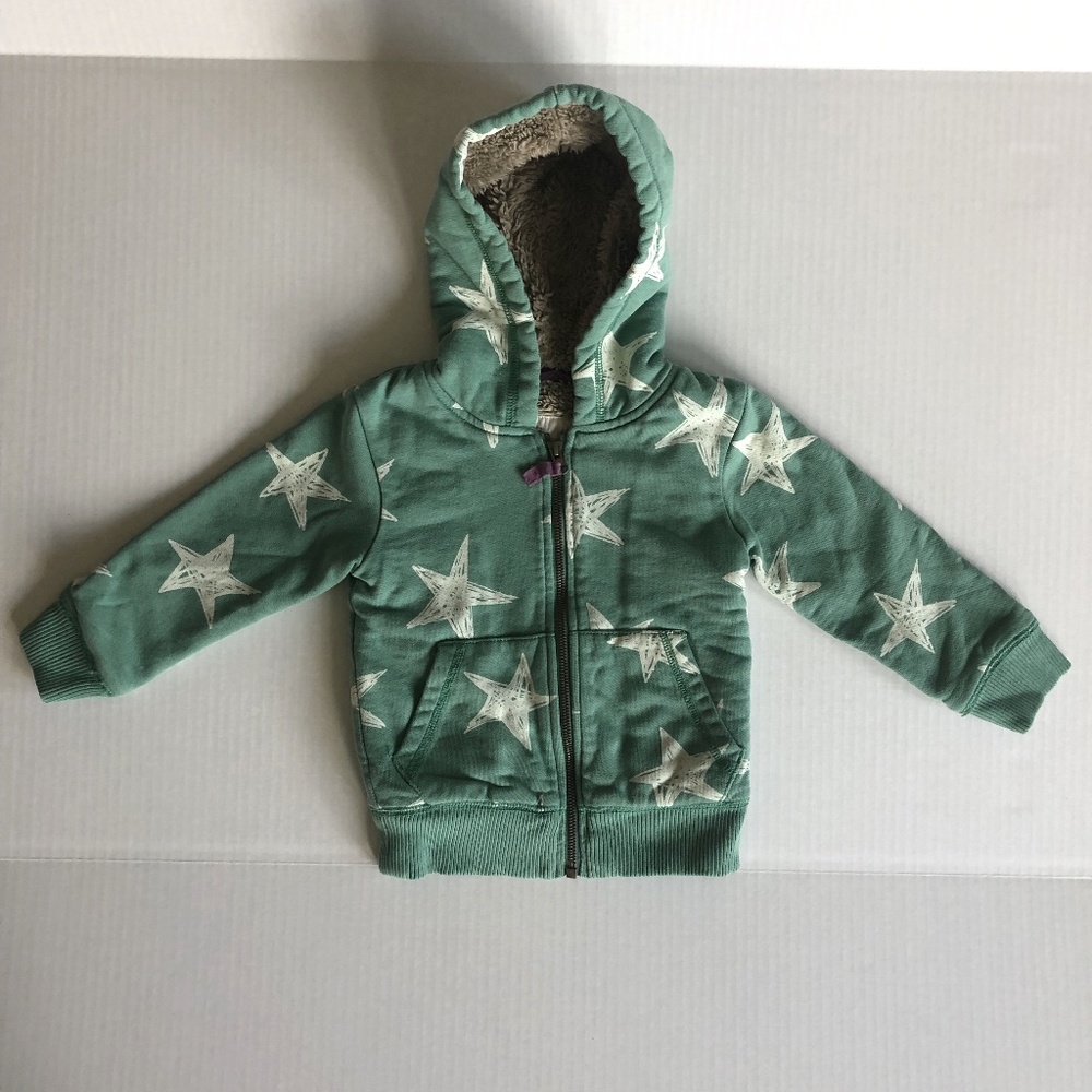 Mini Boden Toddlers Green Zippered Shaggy-Lined Hoodie with White Stars Logo